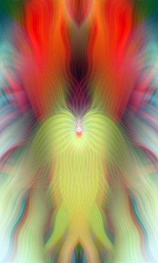 Renkli soyut modern sanat arka planı canlı renkler, simetrik kaleydoskop desenleri ve mavi, kırmızı, pembe, sarı ve yeşil renkli akışkan dokular.