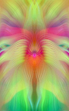 Renkli soyut modern sanat arka planı canlı renkler, simetrik kaleydoskop desenleri ve mavi, kırmızı, pembe, sarı ve yeşil renkli akışkan dokular.