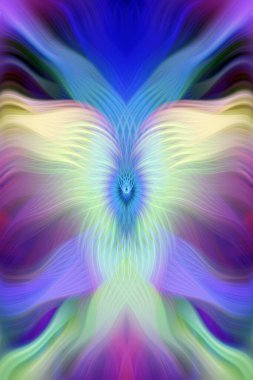 Renkli soyut modern sanat arka planı canlı renkler, simetrik kaleydoskop desenleri ve mavi, kırmızı, pembe, sarı ve yeşil renkli akışkan dokular.