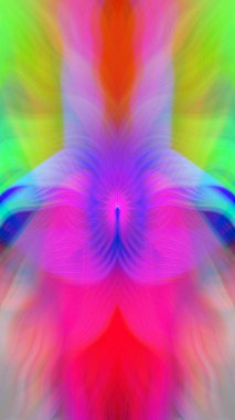 Renkli soyut modern sanat arka planı canlı renkler, simetrik kaleydoskop desenleri ve mavi, kırmızı, pembe, sarı ve yeşil renkli akışkan dokular.