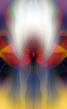 Renkli soyut modern sanat arka planı canlı renkler, simetrik kaleydoskop desenleri ve mavi, kırmızı, pembe, sarı ve yeşil renkli akışkan dokular.