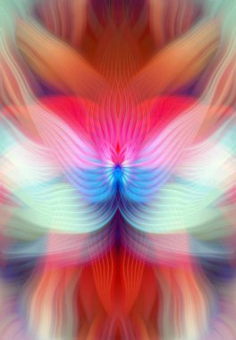 Renkli soyut modern sanat arka planı canlı renkler, simetrik kaleydoskop desenleri ve mavi, kırmızı, pembe, sarı ve yeşil renkli akışkan dokular.