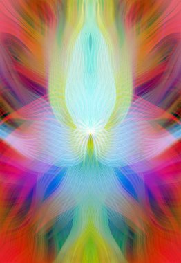 Renkli soyut modern sanat arka planı canlı renkler, simetrik kaleydoskop desenleri ve mavi, kırmızı, pembe, sarı ve yeşil renkli akışkan dokular.