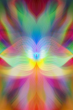 Renkli soyut modern sanat arka planı canlı renkler, simetrik kaleydoskop desenleri ve mavi, kırmızı, pembe, sarı ve yeşil renkli akışkan dokular.