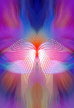 Renkli soyut modern sanat arka planı canlı renkler, simetrik kaleydoskop desenleri ve mavi, kırmızı, pembe, sarı ve yeşil renkli akışkan dokular.