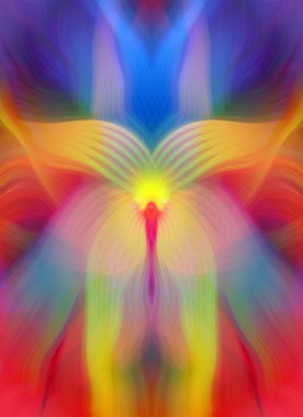 Renkli soyut modern sanat arka planı canlı renkler, simetrik kaleydoskop desenleri ve mavi, kırmızı, pembe, sarı ve yeşil renkli akışkan dokular.