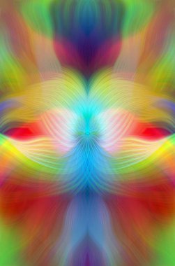 Renkli soyut modern sanat arka planı canlı renkler, simetrik kaleydoskop desenleri ve mavi, kırmızı, pembe, sarı ve yeşil renkli akışkan dokular.