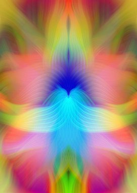 Renkli soyut modern sanat arka planı canlı renkler, simetrik kaleydoskop desenleri ve mavi, kırmızı, pembe, sarı ve yeşil renkli akışkan dokular.