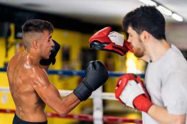 Spor salonunda ringde Latin boksörle eldiven eğitimi almış profesyonel bir Kafkas antrenörü. Kutu ve eğitim kavramı.