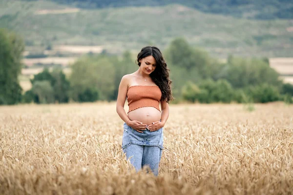 Těhotná Žena Stojící Pšeničném Poli Dotýká Dívá Břicho — Stock fotografie