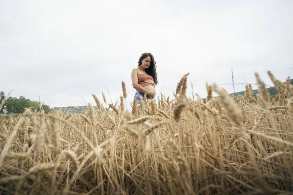 Těhotná Žena Stojící Pšeničném Poli Dívá Dolů Dotýká Břicha Usmívá — Stock fotografie