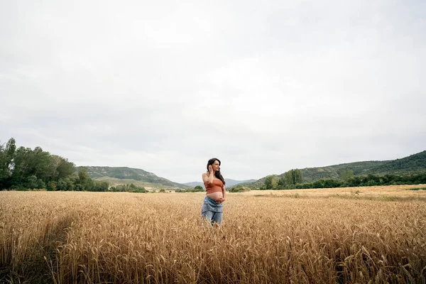 小麦畑に立つ妊婦 彼女は腹に触れて横を見てる — ストック写真