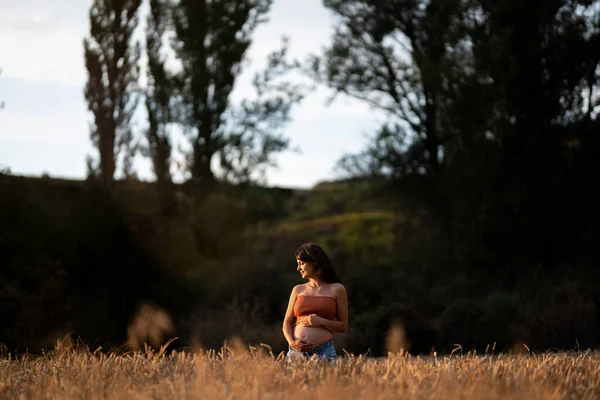 Schwangere Steht Weizenfeld Sie Berührt Ihren Bauch Und Schaut Zur — Stockfoto