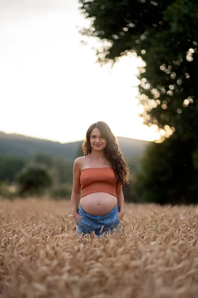 Беременная Женщина Улыбается Стоит Пшеничном Поле Смотрит Камеру — стоковое фото