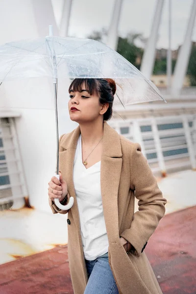 Mujer Bonita Caminando Ciudad Durante Día Lluvioso Sosteniendo Paraguas Transparente —  Fotos de Stock
