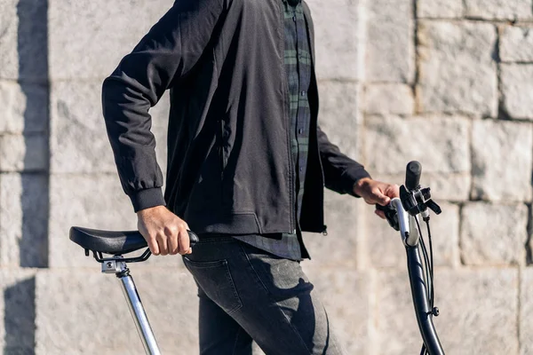 Stock Photo Faceless Man Walking Next His Removable Bike Street — Stock Photo, Image