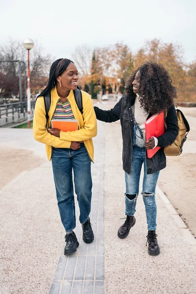 Stock photo of black students talking and laughing in the street.