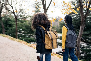 Stock photo of black students wearing face mask walking in the park.