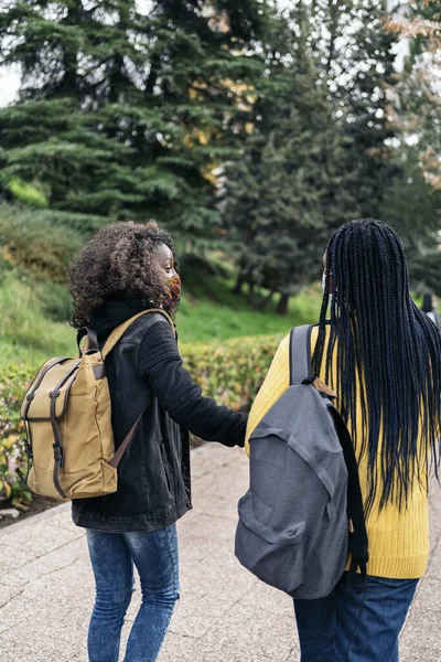 Stock photo of black students wearing face mask walking in the park.