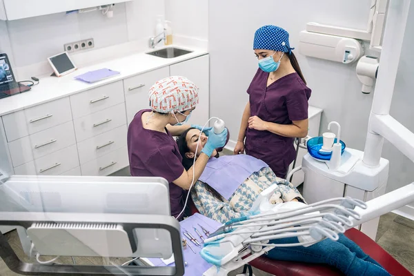 Stock Photo Unrecognized Female Dentists Wearing Latex Gloves Examining Patient — ストック写真