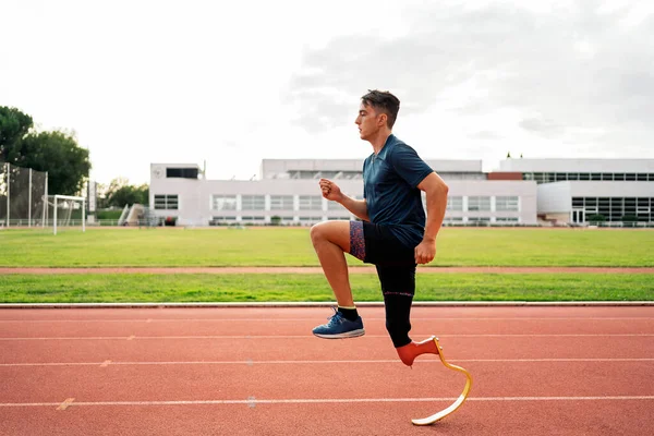 Stock Photo Young Athlete Training Leg Prosthesis Running Track — Foto de Stock