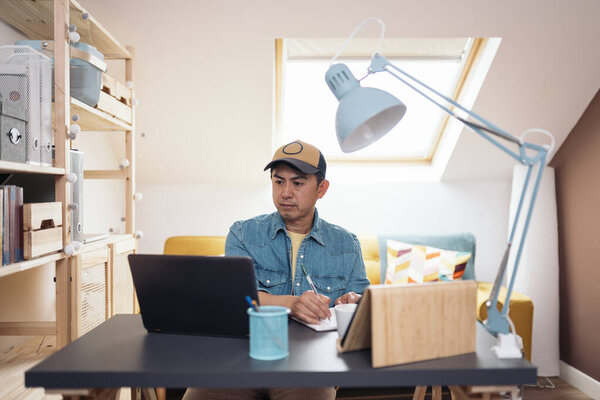 Frontal View Asian Casual Businessman Working Remote Home Stock Photo