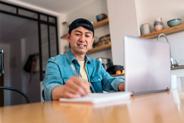 Low Angle Photo Happy Asian Man Working Home Stock Image