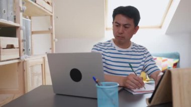 Ev bilgisayarında çalışırken not alan konsantre olmuş Çinli bir adamın videosu.