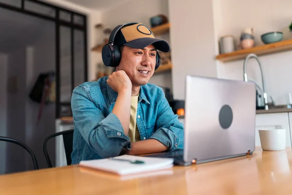 Glückliche Asiatische Gelegenheitsunternehmer Mit Kopfhörern Während Eines Online Meetings Während Stockbild