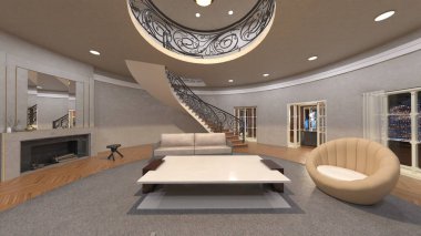 Oturma odasının gece görüşlü 3D görüntüsü