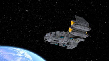 3D rendering of a spaceship and the earth