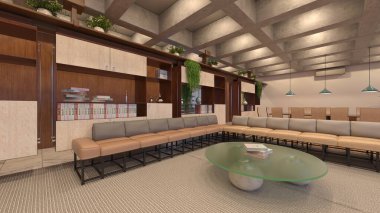 Büyük pencereli oturma odasının 3B görüntüsü