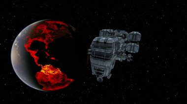 3D rendering of a spaceship and the planet