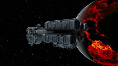3D rendering of a spaceship and the planet