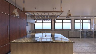 Oturma odası ve yemek mutfağının 3 boyutlu canlandırması