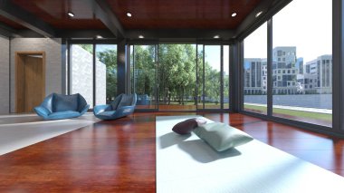 Büyük pencereli oturma odasının 3B görüntüsü