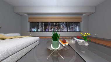 Oturma odasının gece görüşlü 3D görüntüsü
