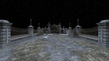 3D rendering of the dilapidated cemetery