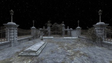 3D rendering of the dilapidated cemetery