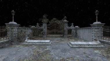 3D rendering of the dilapidated cemetery