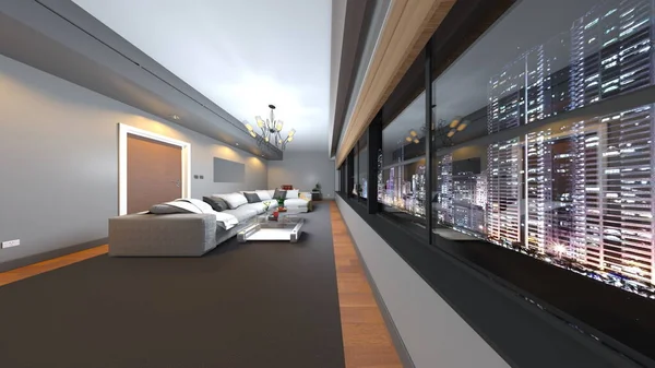 3D rendering of the living room with night view