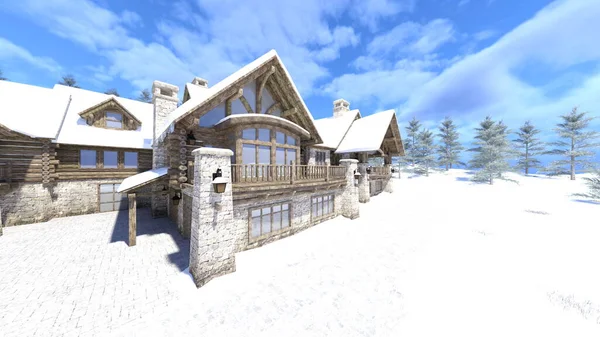 滑雪场小屋3D渲染 — 图库照片