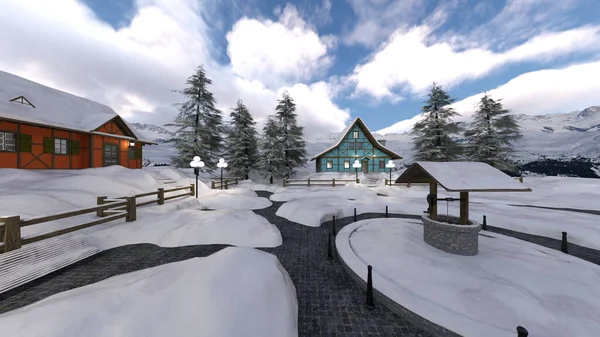 滑雪场小屋3D渲染 — 图库照片