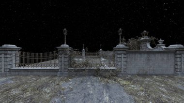3D rendering of the dilapidated cemetery