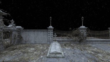 3D rendering of the dilapidated cemetery