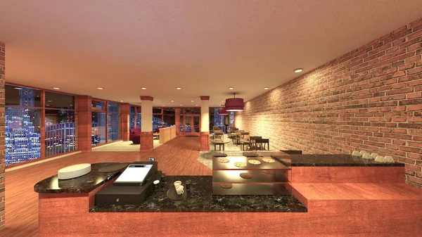 夜景のあるレストランの3Dレンダリング — ストック写真