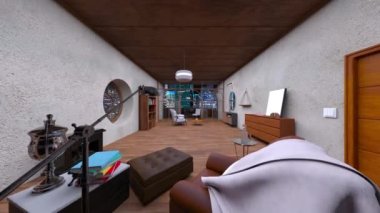 Oturma odasının gece görüşlü 3D görüntüsü