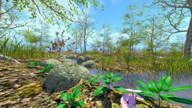 3D rendering of the forest with a stream running through it