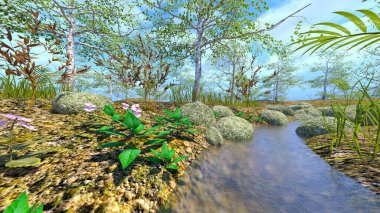 3D rendering of the forest with a stream running through it