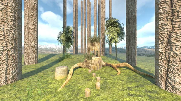 Tapınağın Ağaç Köklerinde Boyutlu Canlandırması — Stok fotoğraf